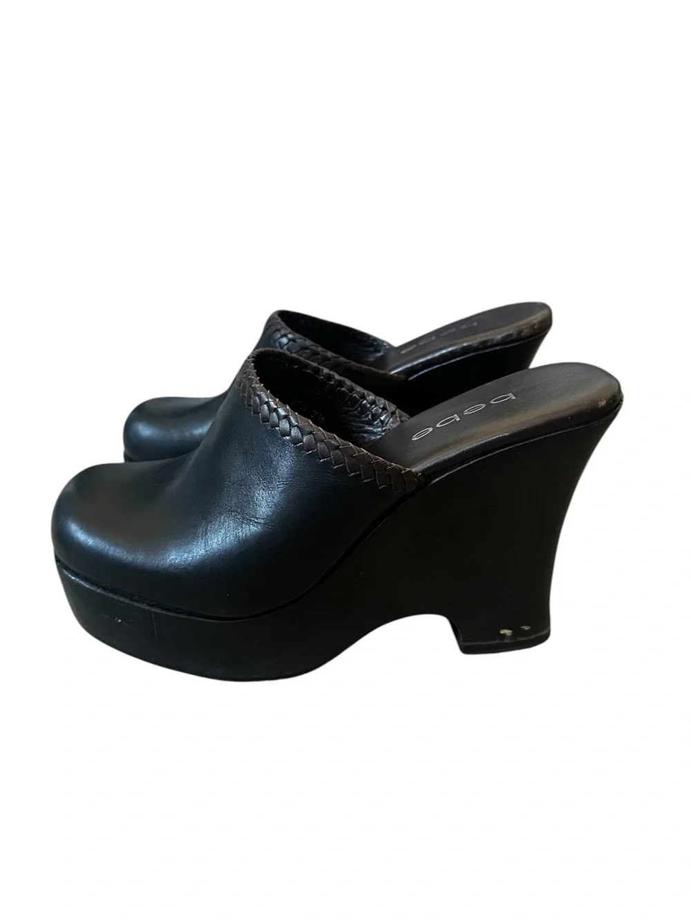 Vintage Bebe Black Leather Wood Platform Mule Clogs Brown Braided 90s Retro Y2K